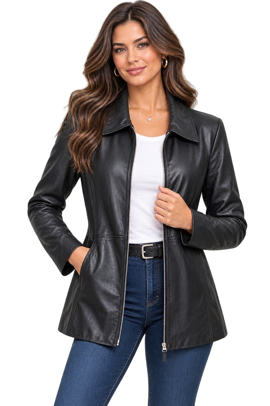 Oscar Piel Women's Full Zip Leather Jacketw Removable Liner Faux Fur, Size L